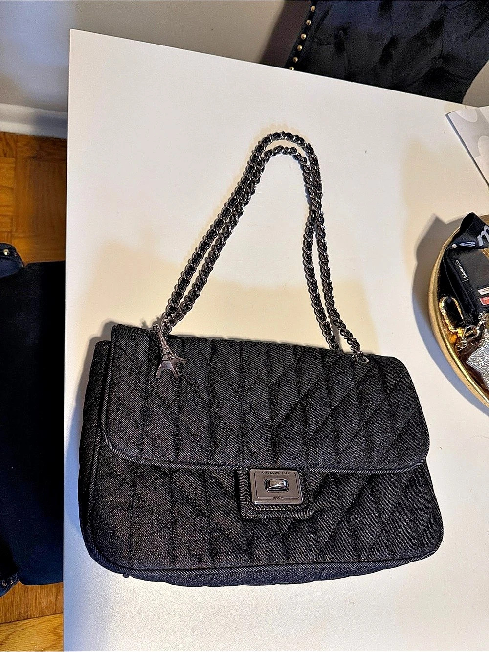 Karl Lagerfeld Paris Agyness Quilted Denim Shoulder Bag Black